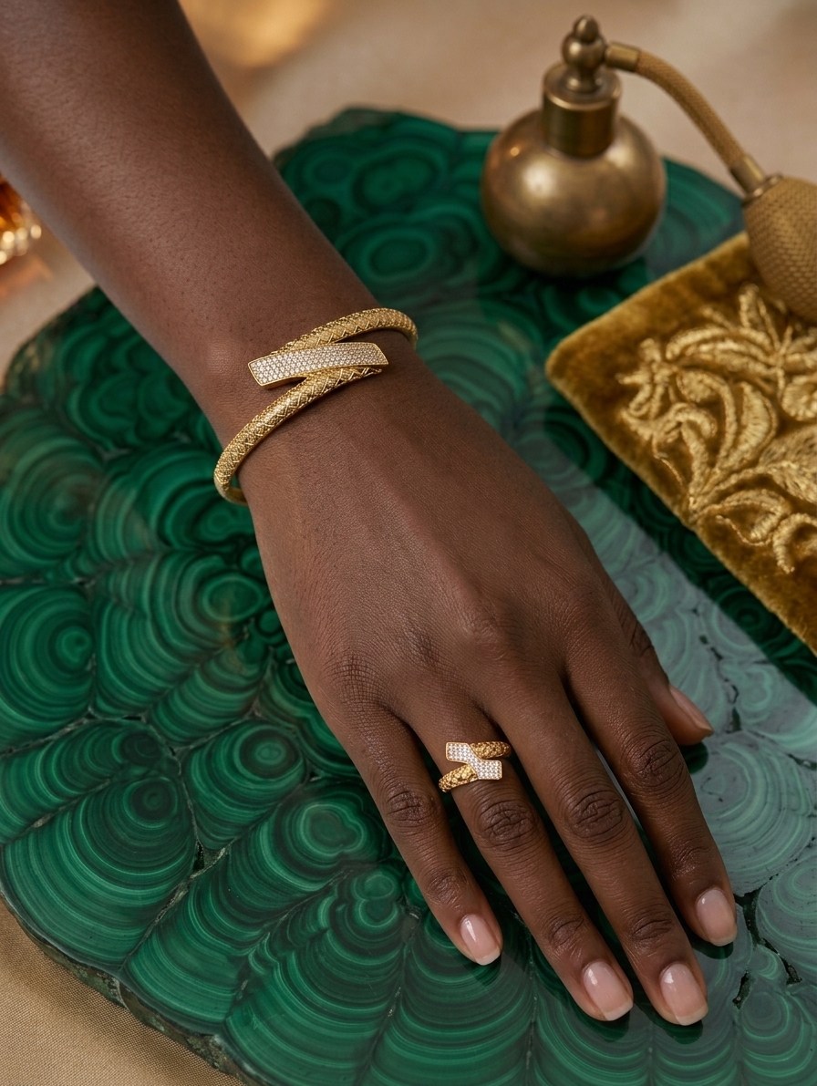 Bracelet Jonc Croisé en Or Texturé et Pavé de Cristaux Scintillants